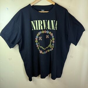 Nirvana Men's Black Short Sleeve Embroidered Flower Happy‎ Face Band T-shirt XXL